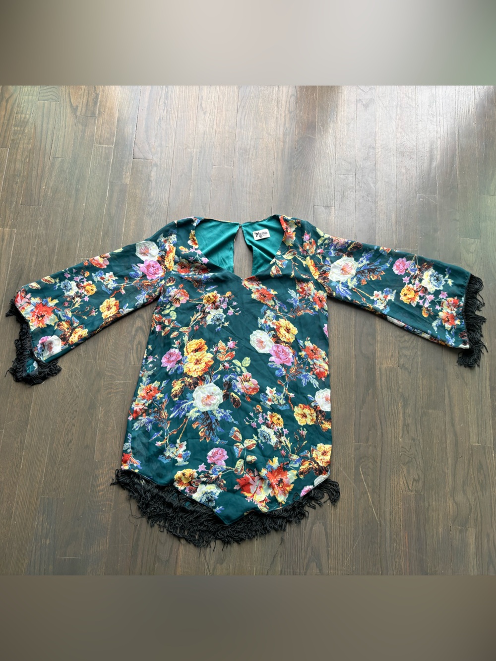 Show Me Your MuMu Teal Floral Bell Sleeve Blouse with Black Fringe